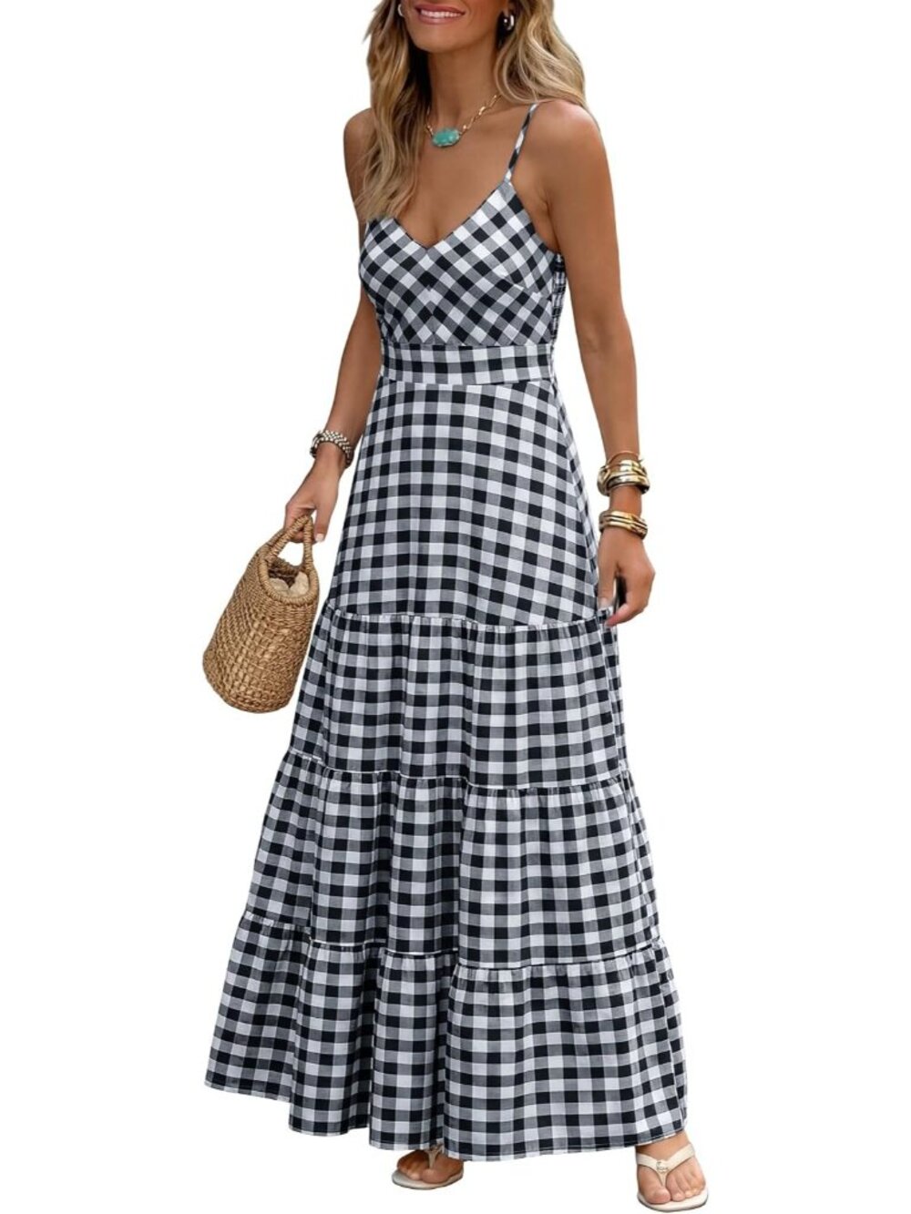 〽️Black White Gingham Maxi Dress for Women V Neck Smocked Pocket Beach Dress